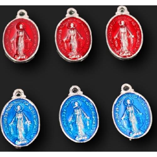 16pcs Blue/Red Color Enamel Catholic Virgin Mary Pendant Christian Rosary Necklace Bracelet Accessories DIY Charm Jewelry Making
