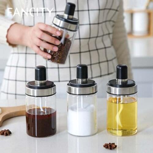 FANCITY High borosilicate glass seasoning jar seasoning box household kitchen with spoon salt shaker seasoning seasoning jar