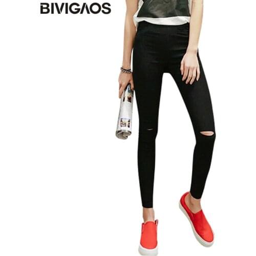 BIVIGAOS Spring Summer Womens Woven Hole Legging Pencil Pants Ripped Jeans Leggings Pants Gothic Leggings For Women Black White