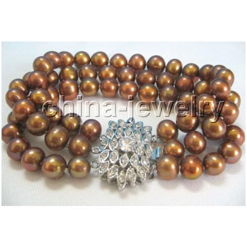 Free shipping 8" 3row 9mm natural coffee round freshwater pearl bracelet-white zircon clasp @^Noble style Natural Fine jewe