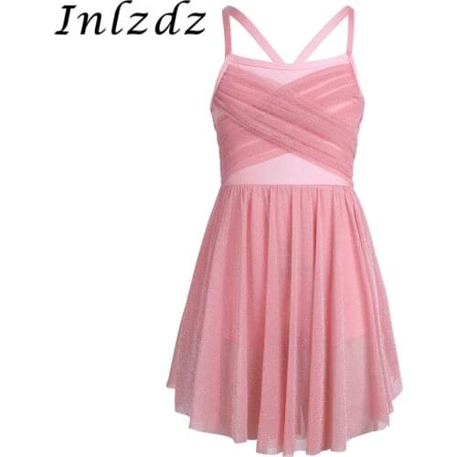 Kids Girls Ballet Leotard Dress Glittery Mesh Spaghetti Shoulder Straps Ballet Latin Dance Gymnastics Leotard Dress