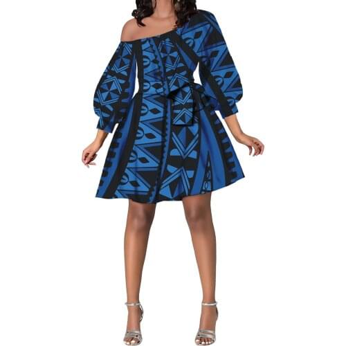 Hycool Polynesian Tribal Design Oblique Shoulder Blue Striped Dress Casual Long Sleeve Lady Party Dating Flared Bow Short Dress