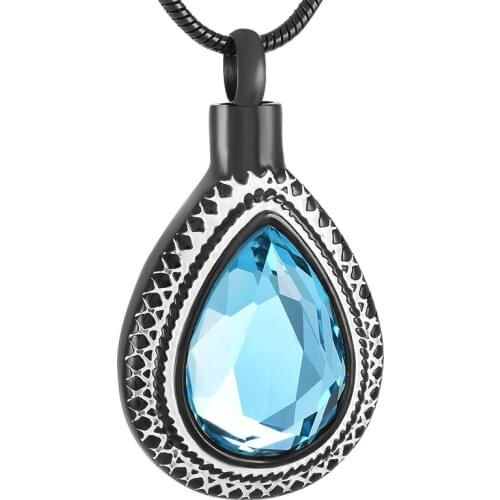 IJD9314 Inlay Blue Crystal Teardrop Stainless Steel Keepsake Urn Jewelry Engravable Cremation Locket Necklace For Memorial Ashes