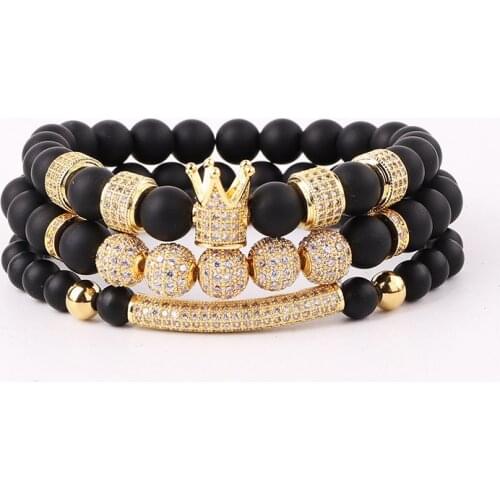 JARAVVI Luxury Design CZ Pave Crown Charm Natural Stone Matte Onyx Elastic Bracelet Set Men Jewelry Gift