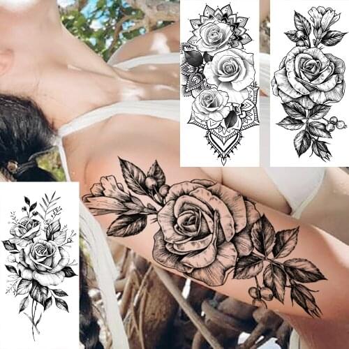 Pencil Sketch Rose Temporary Tattoo Sticker For Women Fashion Body Art Arm Chest Tatoo Decal Black Fake Waterproof Tatoo Sticker