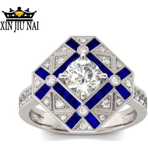 Luxury Geometry Big Rings For Men Women 925 Silver Blue White Zircon Engagement Ring Male Birthstone sapphire ring