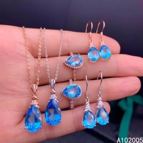 KJJEAXCMY Fine Jewelry 925 sterling silver inlaid natural blue topaz gemstone ring pendant earring set popular supports test