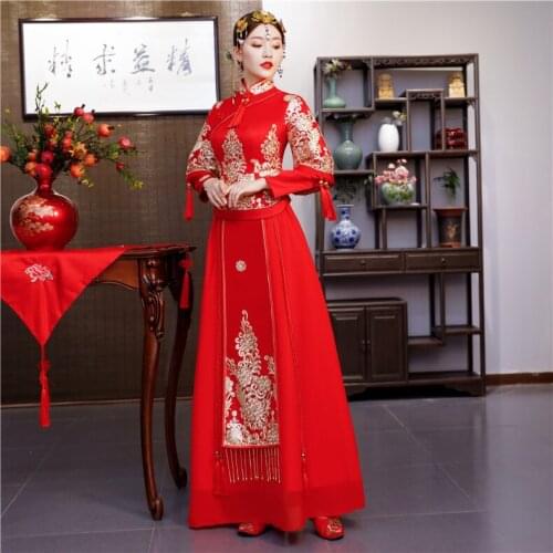 Red Bride Wedding Dress Toast Clothing Female Chinese Traditional Slim Qipao Elegant Cheongsam Classic Long Sleeve Qipao Dress