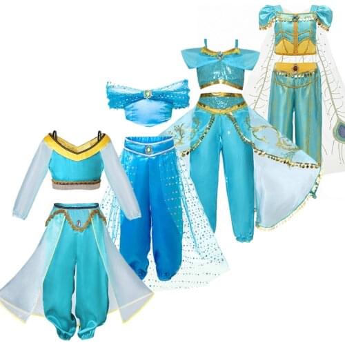 Little Girls Jasmine Dress Summer Arabian Princess Costume for Kids Halloween Christmas Carnival Party Cosplay Outfits Clothing