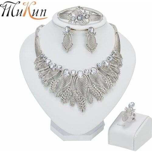 MUKUN Nigerian Wedding African Beads Jewelry Sets Crystal Necklace Sets Silver Color Jewelry Set Wedding Accessories Party