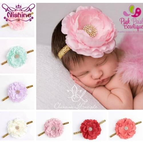 Nishine 1PCS Chic Peony Fabric Flower Kids Girl Headband Artificial Flowers Head Wear Hair Accessories Newborn Photography Props