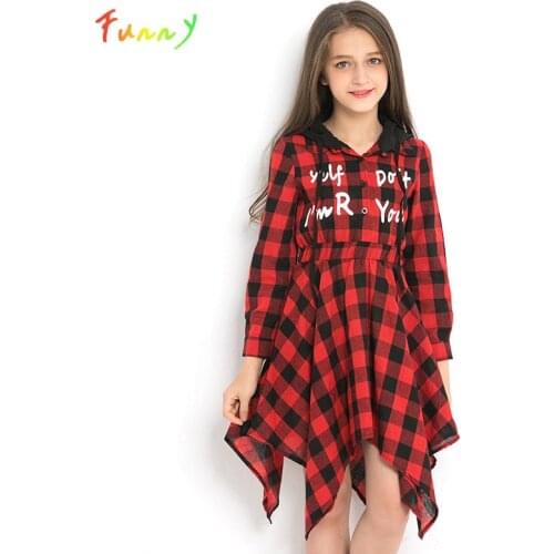 Teenage Girls Clothes 10 12 Year Irregular Spring Autumn Children Dress Girl Long Sleeve Hooded Plaid Letter Print Casual Dress
