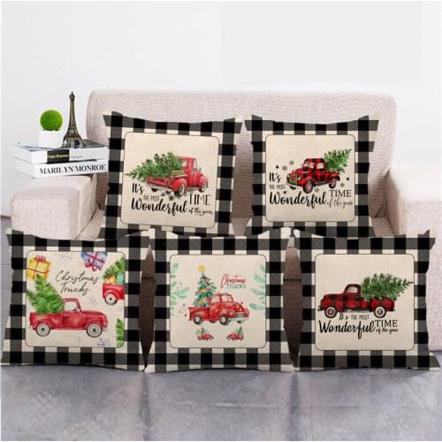 Wholesale pillowcase Black Plaid and red truck Merry Christmas pillow cover linen/cotton sofa cushion cover decorative pillows