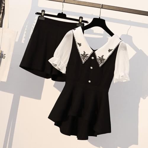 Overiszed chiffon two piece women shorts sets 2020 summer new embroidery ruffles blouse and wide leg shorts office lady elegant