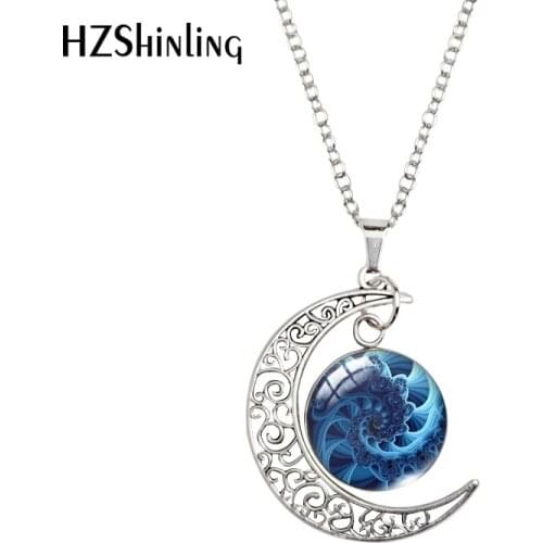 2021 Fractal Pattern Moon Pendants Necklace Glass Cabochon Handmade Craft Jewelry Necklace