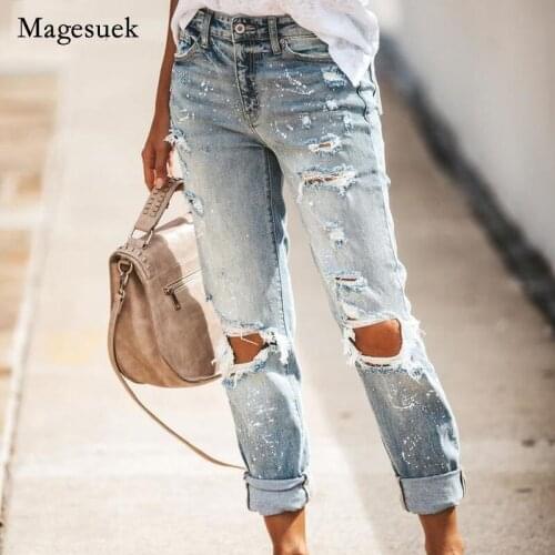 Casual Denim Jeans for Women Summer New Ripped Hole Straight Jean Ladies Plus Size Light Blue Full Length Slim Denim Pants 15309