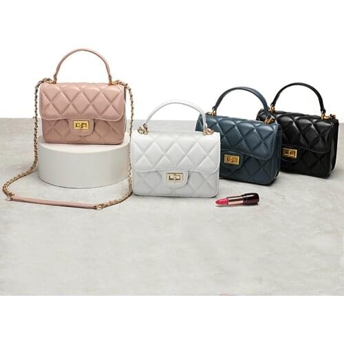 Luxury Classic Quilted Sheepskin Women Messenger Bag With Top Handle Small Genuine Leather Lattice Lady Shoulder Flap Bag