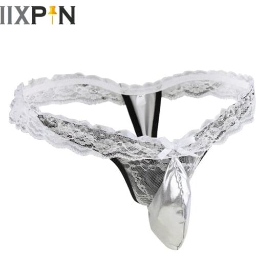 IIXPIN Sexy Mens Clothes Lingerie Patent Leather Lace T-back Pouch Briefs Thong Slip Hommes Underwear Underpants for Men Panties