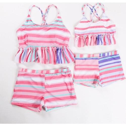 2019 New Family Matching Swimwear Set Mother And Daughter Colorful Stripe Swimming Suits With Long Sleeves Smock UV Protection