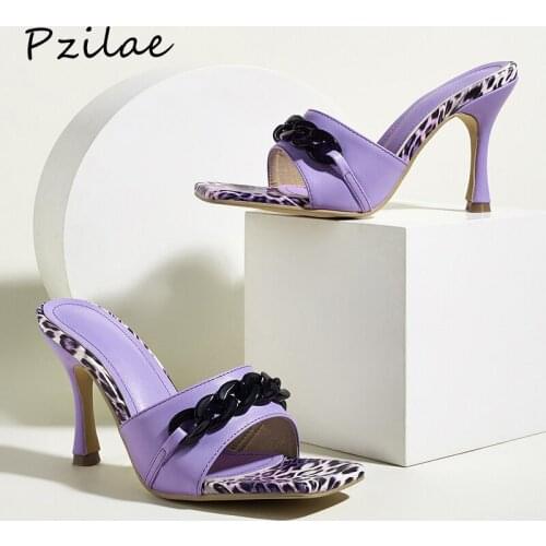 Pzilae Elegant Slides Women 9cm High Heels Mules Fetish Pumps Leopard Square Toe Chain Design Ladies Prom Slippers Womens Shoes