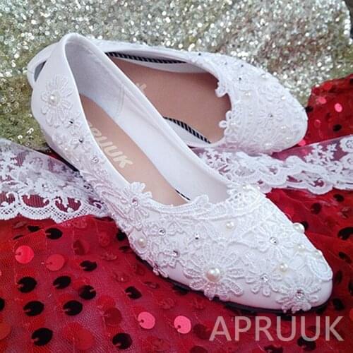 Wedges heel woman white lace pearls wedding shoes bride fashion designer bridal bridesmaid flower girls low heel pumps shoes
