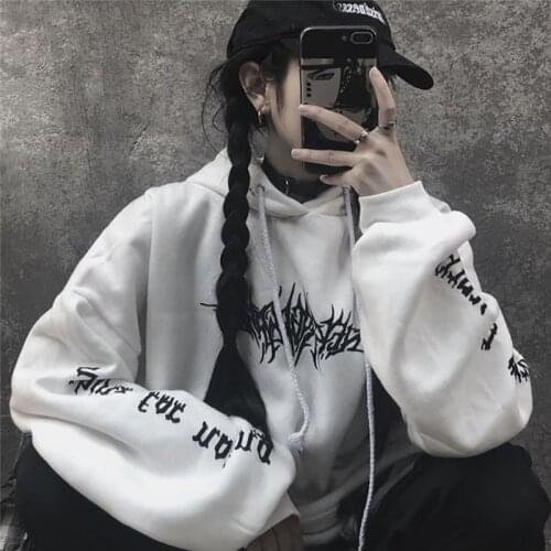 Women Sweatshirt Loose Streetwear Black White Knitted Hooded Female Hoodies Print Women Tops Korean Fashion Harajuku Goth