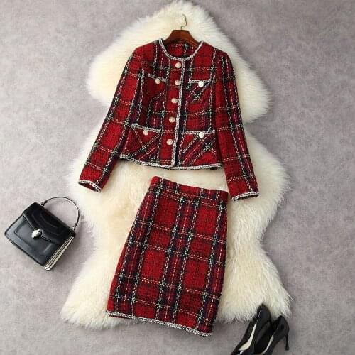 European and American womens autumn 2021 new Single-breasted jacket long sleeve pockets Red plaid skirt Fashion tweed suit