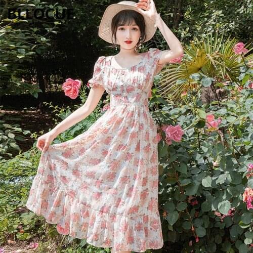 BLLOCUE New Fashion Women Summer Dress Elegant Vintage Pink Floral Openwork Embroidery Square Collar Pearl Buckle Chiffon Dress