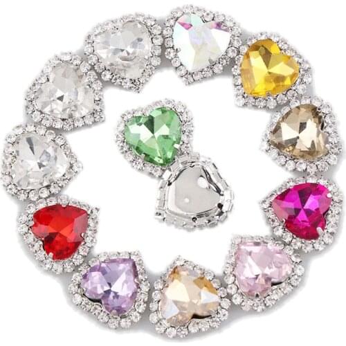 12mm White K Heart Sew On With Colorful Glass Stone Claw Crystal Buckle Cabochon Base Cameo Setting DIY Jewelry Clothes Charm