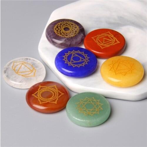 7 PCS Chakra Natural Round 25MM Stones Minerals Clear Quartzs Jades Reiki Healing Stone Symbols of Religion Divination Stone