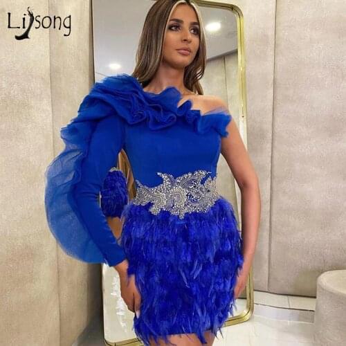 High End Royal Blue Feather Sheath Short Cocktail Dresses One Shoulder Sexy Mini Formal Party Dresses Beaded On Waist