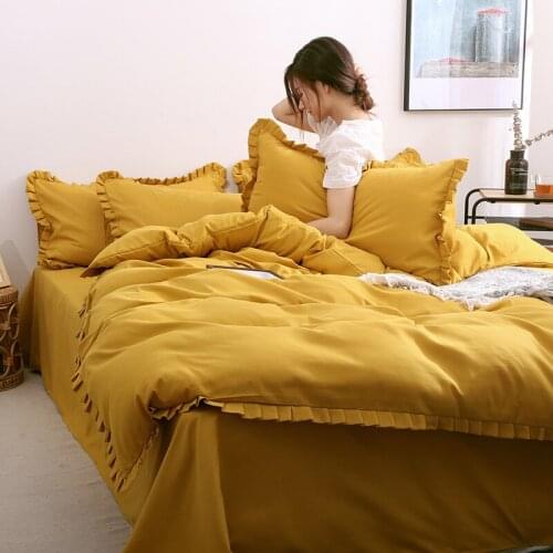 New Luxury Pure Color Bedding Set Modern Duvet Cover Set King Double Twin Bed Hybrid Cotton Brief Yellow Bed Flat Sheet Set