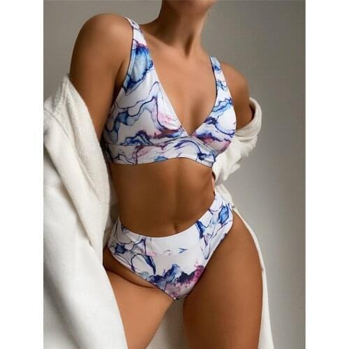 High Waist Split Swimwear Tie-dyed Print V Neck Bra Thong Summer Beach Bikini for Women Sexy Casual Brazilian Biquini Feminino