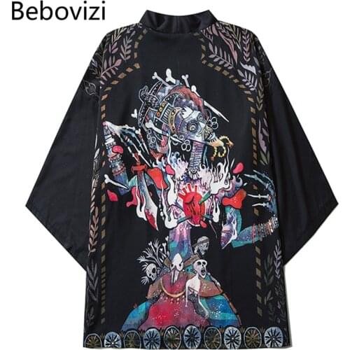 Summer Women Men Loose Shirt Cardigan Cosplay Asian Clothes Japanese Black Kimonos Casual Vintage Mural Skeleton Print Yukata