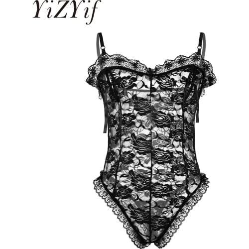 Men Undershirt Lace Floral Nipple Splits with Ribbon Sexy Sissy Lingerie Gay Thong Male Transparent Bodysuit Erotic Nightwear