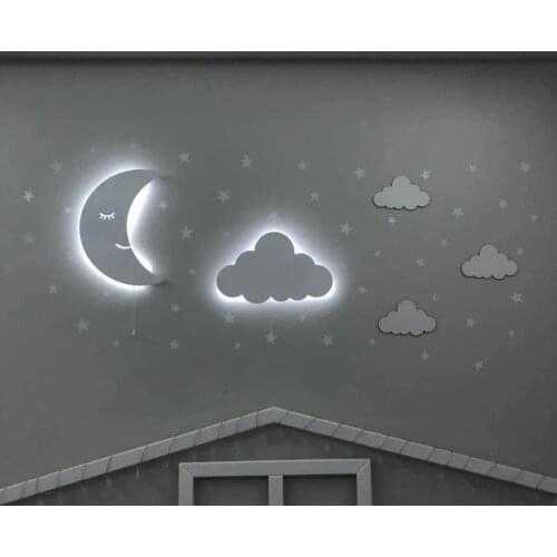 Set of 2- Nursery Night Light, Moon Wall Lamp Cloud Light Wooden Led Lampion Wooden Lamps Kids Room Lamp