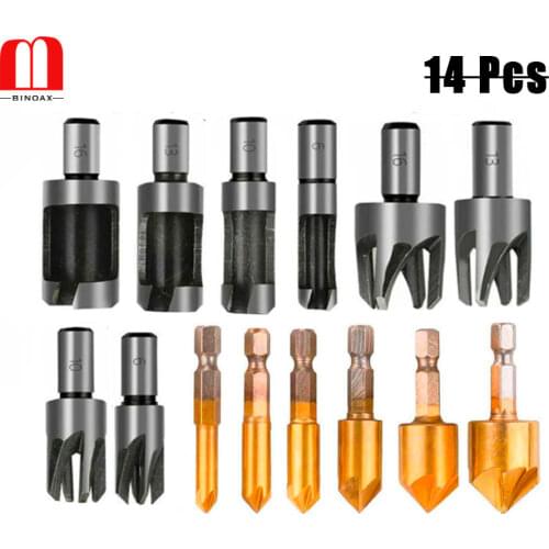 BINOAX 14 Pcs Wood Plug Cutter Tool Drill Bits Set and 5-Flute Countersink Drill Bit