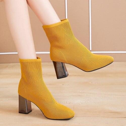 2020 new spring and autumn square head Martin boots high-heeled knit socks boots thick with thin elastic boots net red booties