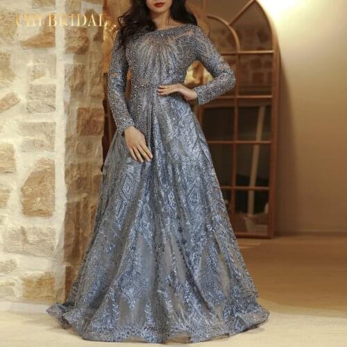 New Luxury Long- Sleeved Mopping Long Formal Dress Navy Blue Round Neck Crystal Elegant And Noble Dress Multilayer Tulle