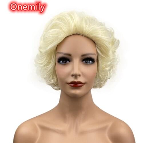 Onemily Short Wavy Wave Curly Fluffy Heat Resistant Synthetic Hair Wigs for Women Girls with Bangs Party Evening Out Blonde
