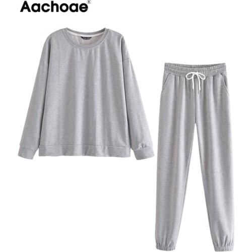 Aachoae Casual 2 Piece Set Women Batwing Long Sleeve Loose Home Tshirt Sports Full Length Lady Pencil Pants Dresy Damskie 2021