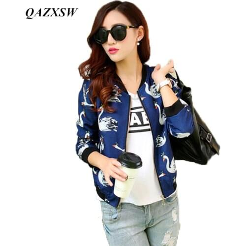 QAZXSW New Arrival 2017 Spring Autumn Full Print Women Fashion Bomber Short O-Neck Jacket Floral Zipper Coat YX8814