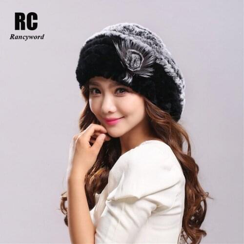 [Rancyword] Winter Hat Womens Genuine Rex Rabbit Fur Hats Beanies Warm Casual Female Knitted Natural Fur Hat Caps RC1300