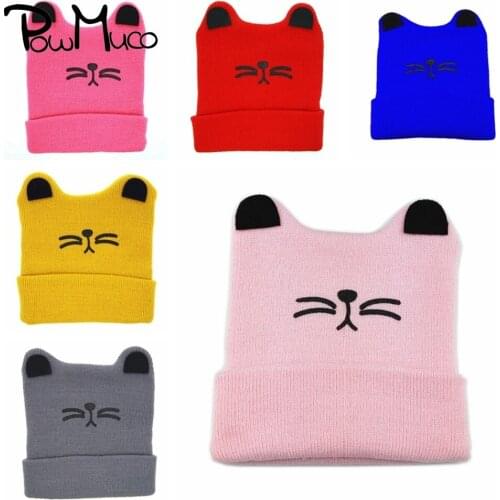 Powmuco Lovely Cat Infant Hat Solid Color Knitted Baby Girls Cap Autumn and Winter Warm Children Bonnet Kid Photography Headwear