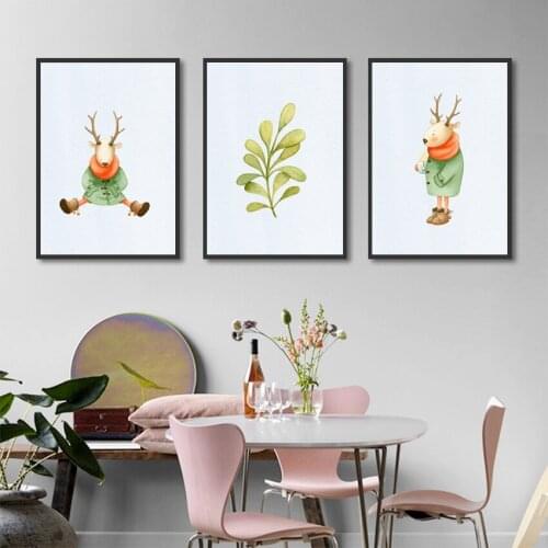 Nordic Watercolor Art Cartoon Animal Deer Posters Hd Print Minimalist Canvas Painting Wall Picture for Children Room Decoration