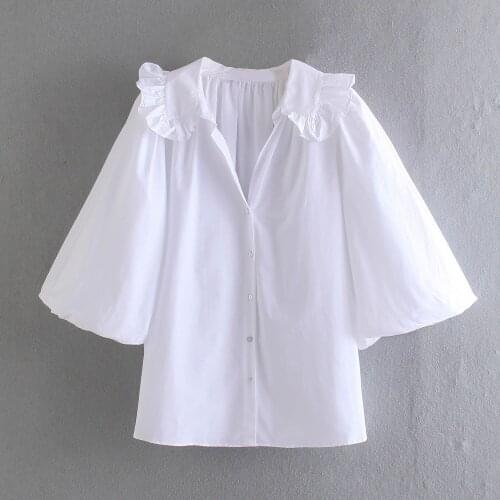 2021 Summer New White Lapel Lantern Sleeve Single Breasted Shirt Female DLSY2345