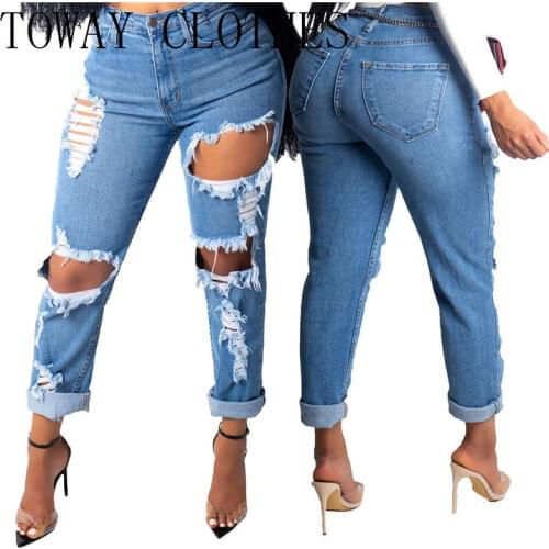 Women Cutout Distressed Denim Pants Ripped Denim Skinny Jeans Plus Size Full Length Pencil Pants Vaqueros
