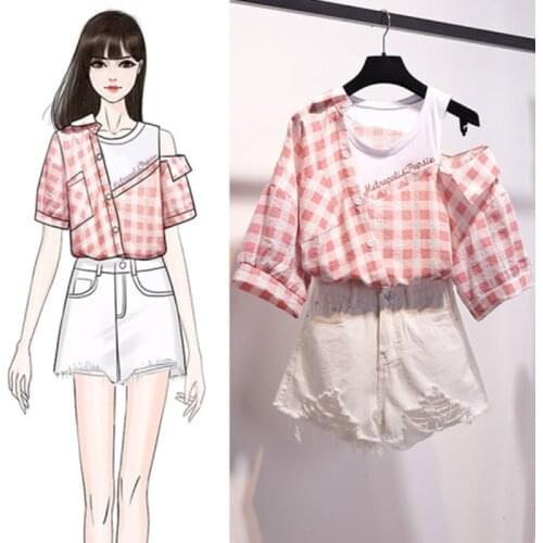 New 2021 Summer Korean Style Fashion Plaid Mock Two-Piece Set Womens Sexy One Shoulder Shirt Jean Shorts Outfit Casual Sets