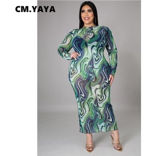 CM.YAYA Women Plus Size Dress Print Mesh See-through Full Sleeve O-neck Strechy Maxi Long Dresses Sexy Fashion Streetwear Summer