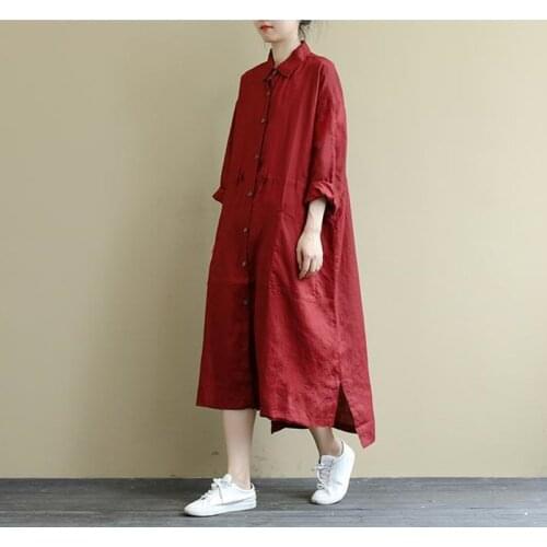 Women Turn-down Collar Shirt Dress Cotton Linen Buttons Elegant Party Dress Spring Long Sleeve Sexy Split A-Line Dresses Vestido